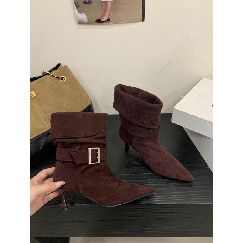 

Два носят 2025 осень и зима новые остроносые тонкий каблук высокий каблук сапоги западные ковбойские сапоги замшевые металлическая пряжка короткие сапоги средние сапоги 39 бордовый