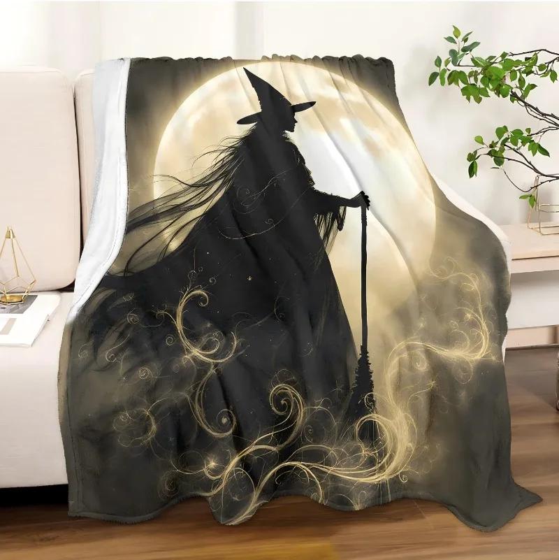 Halloween Gothic Arts Throw Blanket – Witch, Moon & Night Print for Friend, Couch, Bed, Car, Home, Camping, All-Season Use