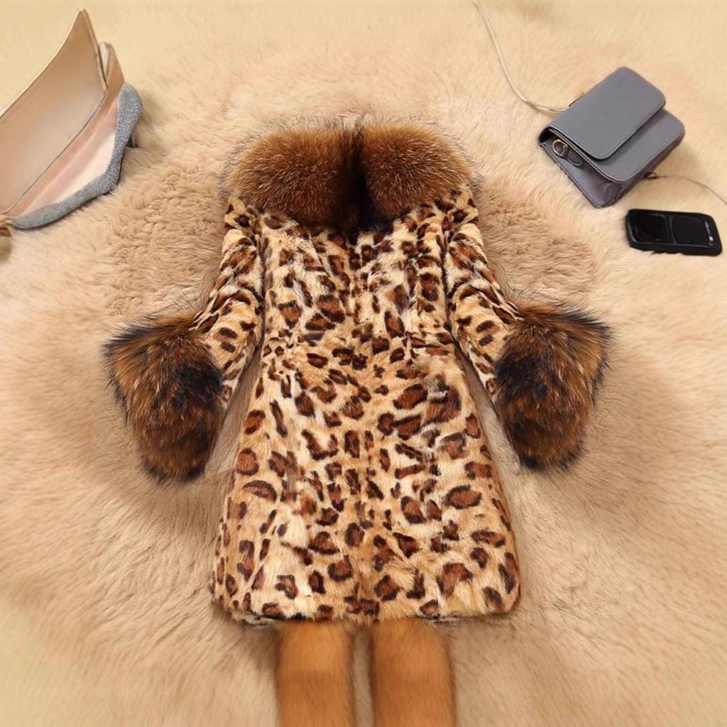 Grenzüberschreitender Damen-Midilang-Leopardenmuster-Kunstpelzmantel mit Waschbärkragen