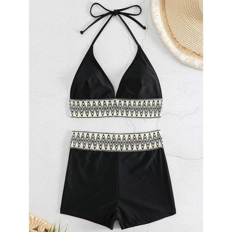 

Женский сексуальный купальник бикини пэчворк с высокой талией, из двух частей, с открытой спиной, купальный костюм, летняя пляжная мода XL чёрный