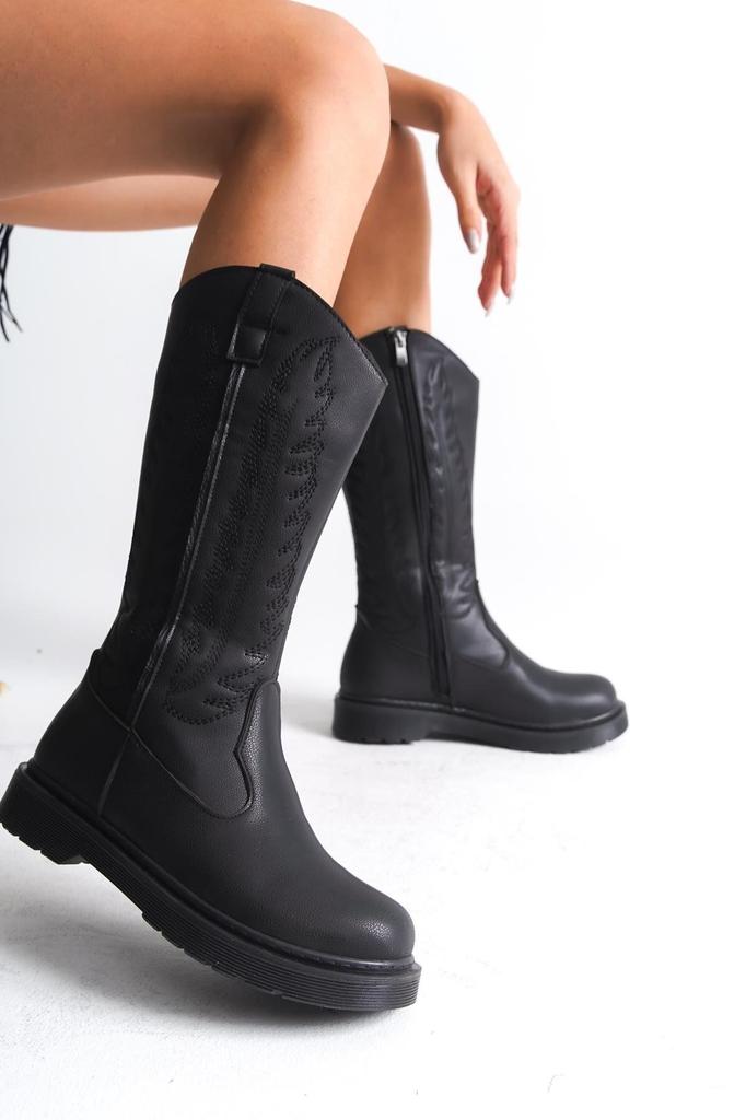 Moderne, stilvolle Mode-Stiefel für Damen, Kunstleder, hellbraun, matt, bestickter Reißverschluss, Western-Cowboystiefel