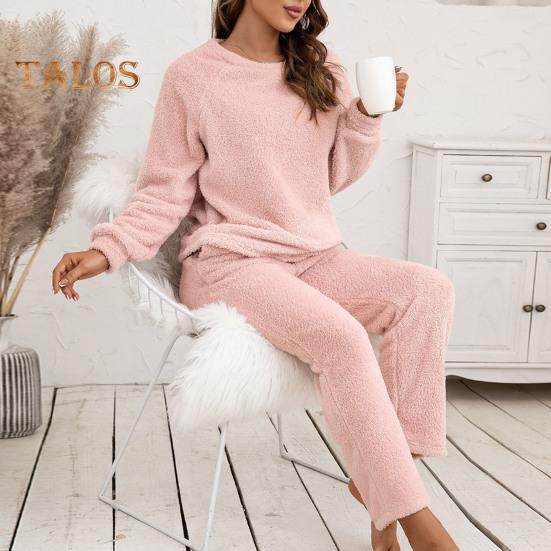 2 Pcs/Set Pajama Set Autumn Winter Casual Outfit Top Pants Set Round Neck Long Sleeve Top Elastic Waist Sport Tracksuit Daily Clothes Sleepwear