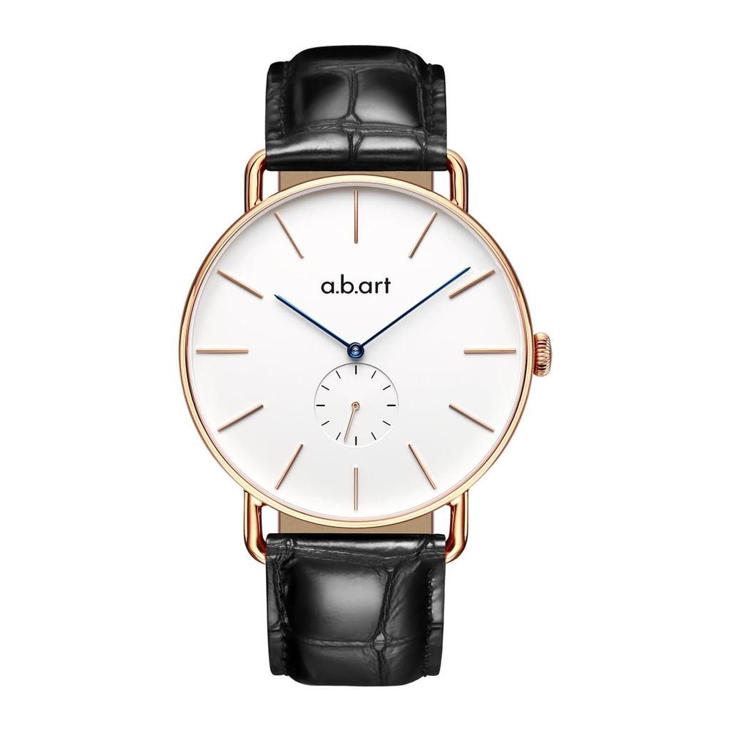 Quartz Watch with Swiss Sapphire White Black Leather Slim Water Minimalist Perfect for Business 41mm A.b.art Men's Movement, Crystal, Dial, Strap,