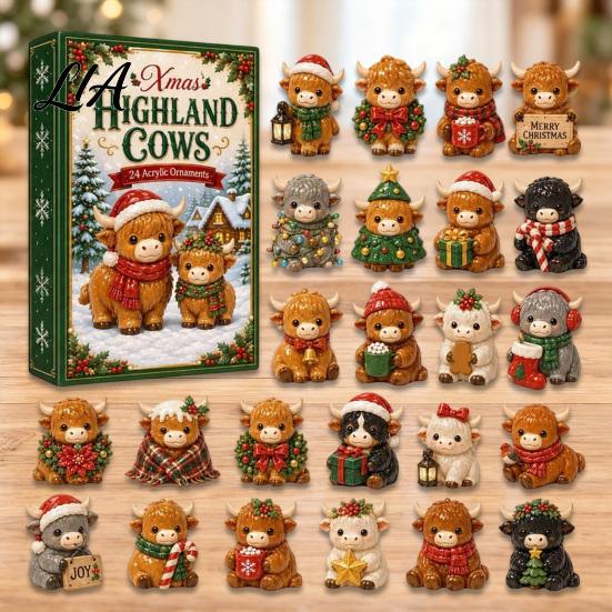 Farmhouse Style Seasonal Decor Christmas Highland Cow Advent Calendar, 24 Cute 3D Collectible Mini Thanksgiving Keepsake Gifts Figures, Holiday