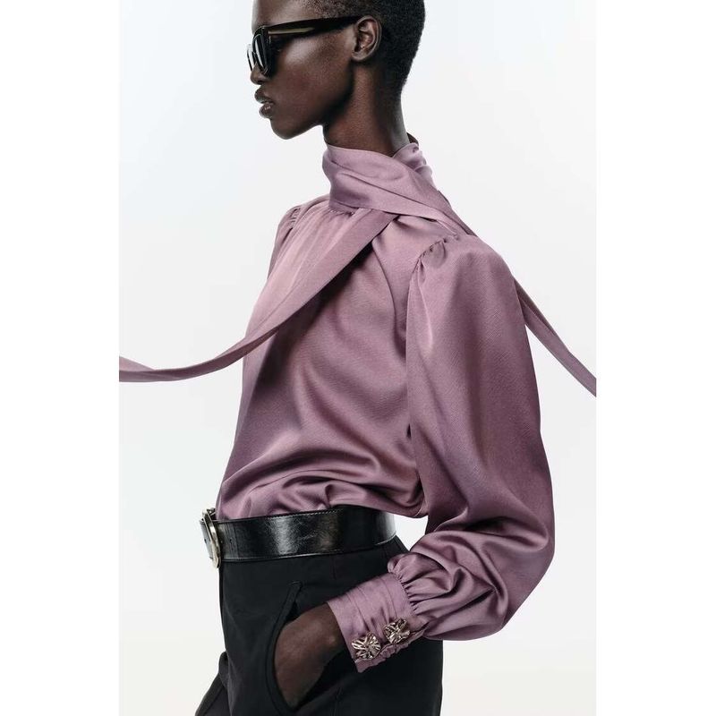 Za Autumn and Winter New Arrivals Women's Clothing Zr European and American Style Fashionable Satin Texture Shirt with Bow Decoration 8946839