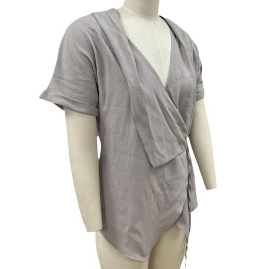 Women Tops V Neck Short Sleeve Pure Color Shirt with Side Tie Irregular Loose Fit Tee Shirt Summer Daily Wear