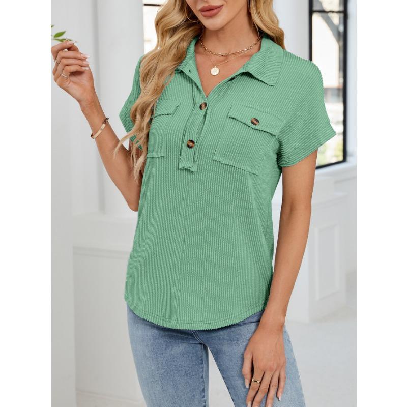 Summer New Women's Lapel Pocket Short-sleeved Solid Color T-shirt Casual Versatile Top