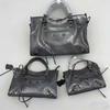 Womens Genuine Leather Crossbody Bag - Oil Wax Cowhide Rivet Detail Cracked Texture Medium Size Street Style