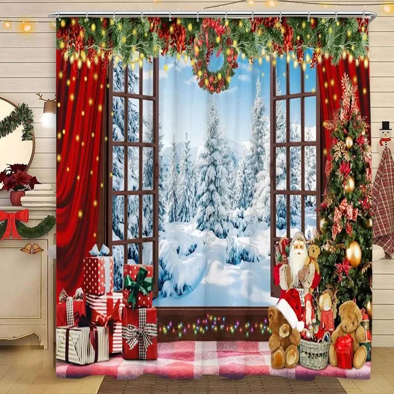 Christmas Shower Curtain Snowman Santa Claus Winter Snow Scene Christmas Gift Polyester Fabric Shower Curtains Bathroom Decor