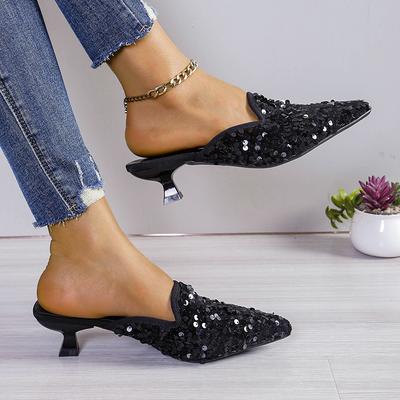 Glitter Cloth Fine Heel Top Slippers Summer New Pointy Buckle Cover Foot Anti-slip and Wear-resistant Heel Shoes