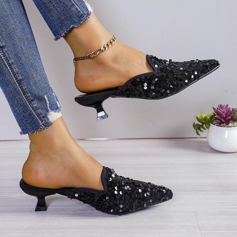 Fashion Glitter Cloth Fine Heel Top Slippers Summer New Pointy Buckle Cover Foot Anti-slip and Wear-resistant Heel Shoes