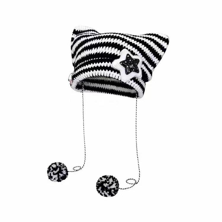 Japanese Style Cute Star Cat Wool Knit Hat - Warm & Versatile for Autumn/Winter