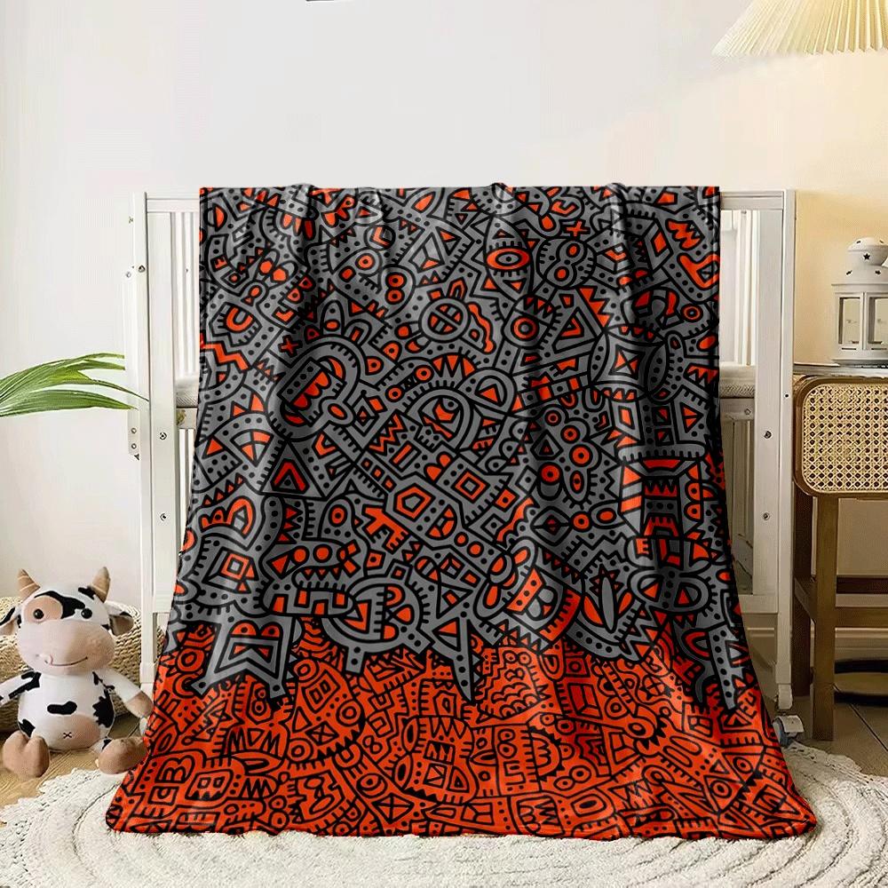 Abstract tribal-style geometric shapes in gray and orange with bold lines. for all seasons blanket lunch break throw gift 80cm x 120cm