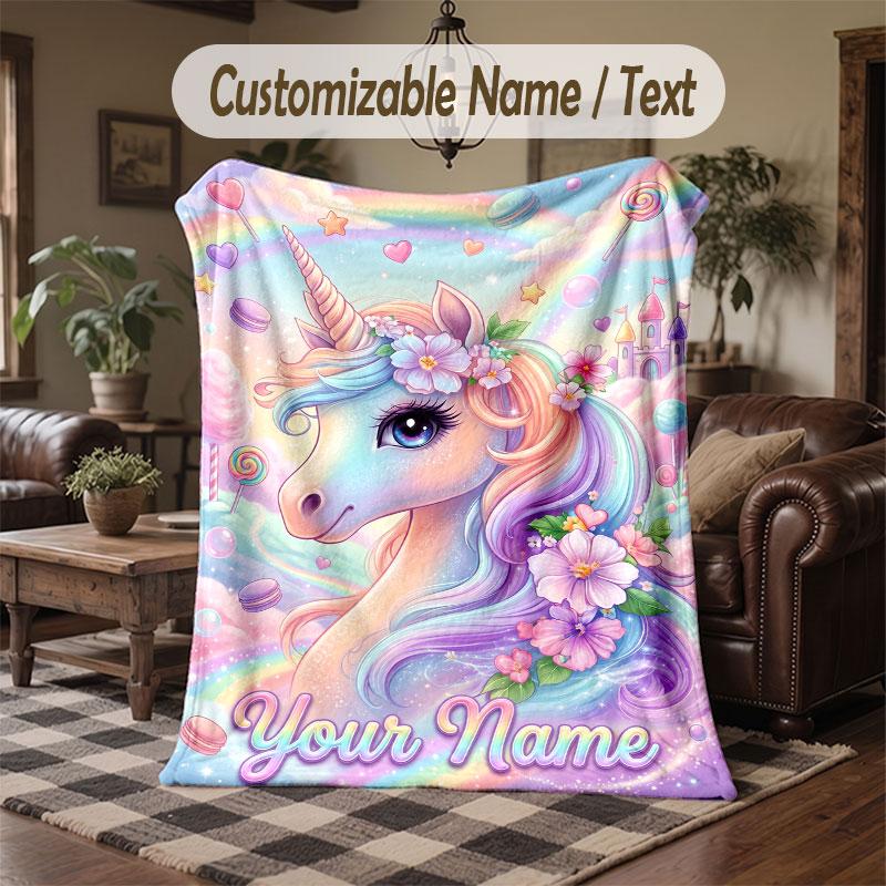Einhorn-Thema Decke mit individuellem Namen und Text Personalisierte Decke Weiche Gemütliche Decke für Zuhause Sofa Bett