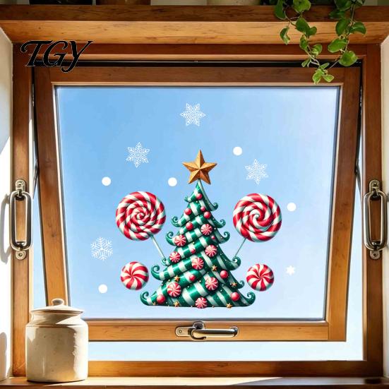 Christmas Atmosphere Room Decor Candy Tree Window Static Sticker, Waterproof PVC Removable Creative Holiday Party Wall Glass Clings, Decorative Decal