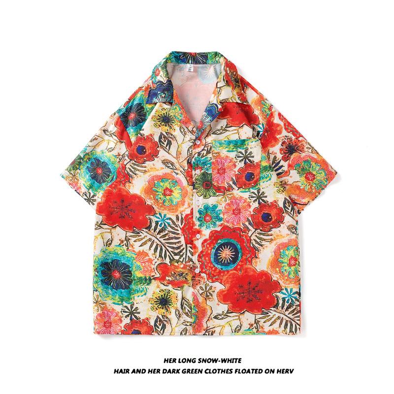 Summer Fashion Men's Hawaiian Shirt Men's Beach Flower Print Shorts Sleeve Shirt