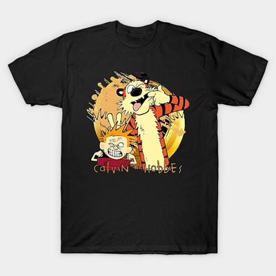 Men Black Print T-shirt Calvin And Hobbes Bro 5 No-Cut Transfer Paper Print Cotton Tshirt