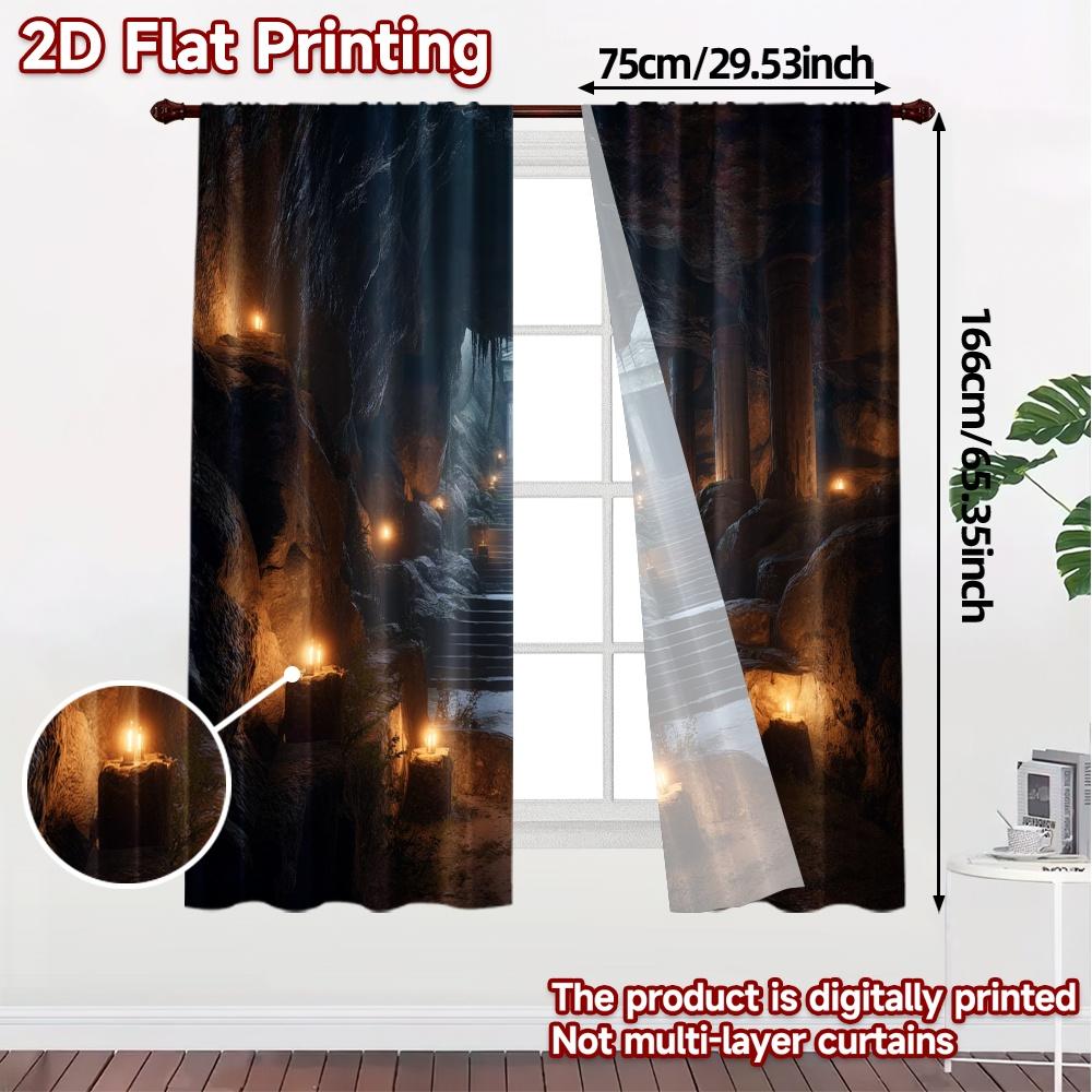 2pcs   2D FLAT PRINTING Curtains (Without Rod) Ancient Cavern Modern Curtains Versatile 100% Polyester Curtains Decorations