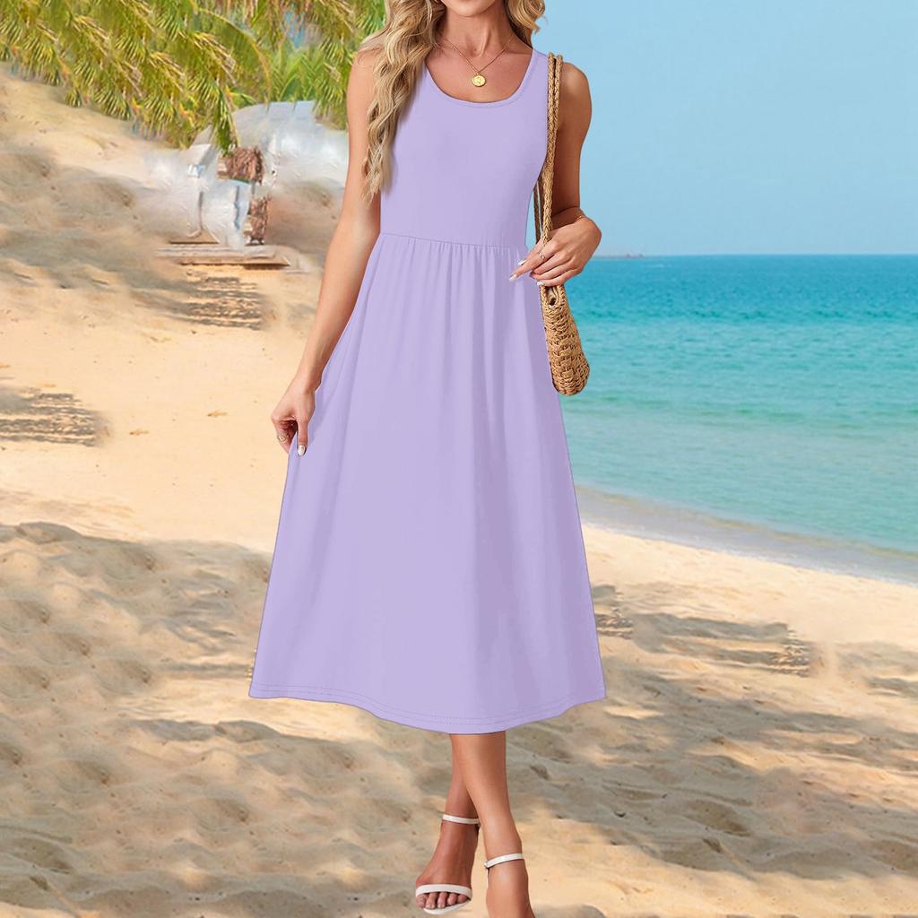 Sleeveless Crew Neck Maxi Dress with Pockets for Women Casual Loose Fit Solid A Line Long Sundress