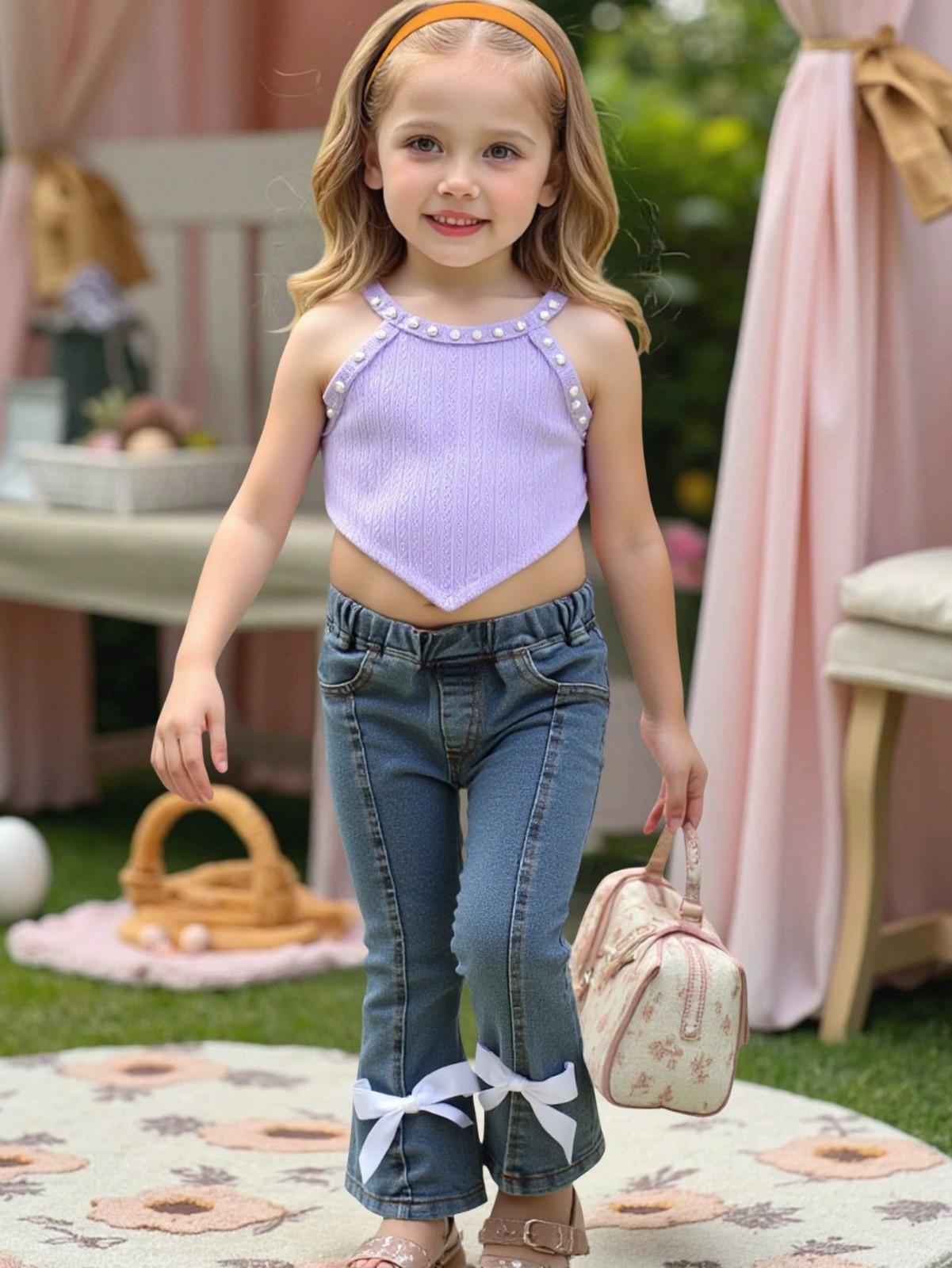 

Girls Bowknot Split Hem Bell Bottom Denim Jeans 120 фіолетовий