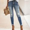 Ladies' Solid Color Casual Pants Versatile Slim Fit Straight Leg Denim Jeans With Frayed Edges And Holes