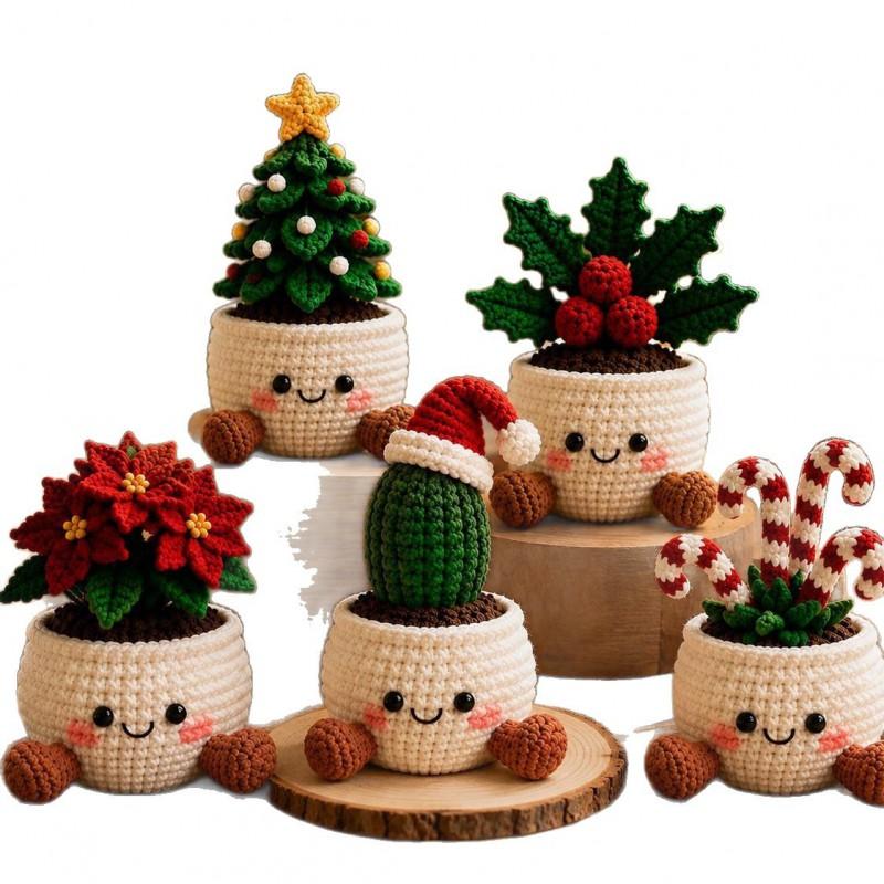 Handmade Crochet Christmas Decorative Plant Pot With Smiling Face - Festive Indoor Desk Ornament Holiday Home Office