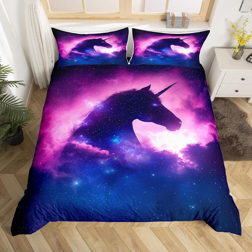 Einhorn Bettwäsche Set Kinder Lila Weltraum Galaxie Weiche Bettbezug Mikrofaser Bequeme Bettdecke Abdeckung Mädchenhaft Karton Warme Deckenbezug plus 2