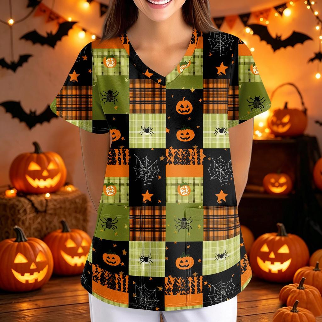 Women Halloween Print Loose Fit V Neck Short Sleeve Scrub Top Nurse Uniform with Pockets Suitable for Healthcare Professionals