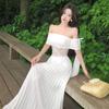 One-Word Schulterkleid Damen Sommer Neu Weiß Langkleid Spitzen-Spleißung Urlaubsrock