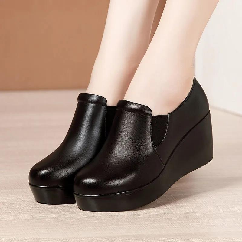 Wedge Heel, Deep Mouth, Four Seasons, Round Toe, Mid-heel, Non-slip Bottom, Waterproof Platform, Comfortable Casual Work Women's Leather Shoes