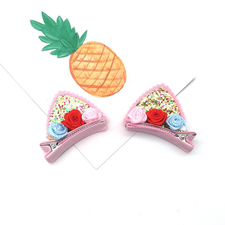 2 st kattöronhårklämmor glitter regnbågsfilt tygblomma hårnålar Cosplay Kawaii Hårklämmor Barnhuvudbonader Håraccessoarer