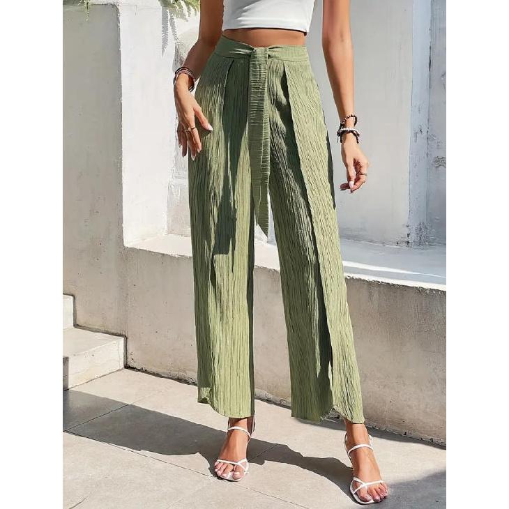 2026 Women s Spring/Summer Split Wide-Leg Pants with Belt, Casual High-Waisted Long Pants S армия зеленый