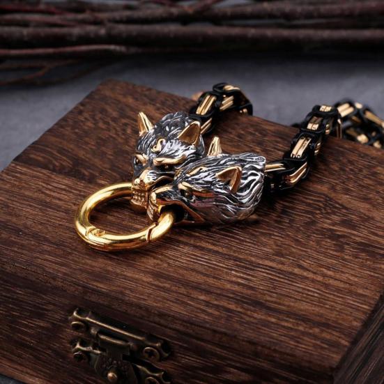 Men Necklace Retro Nordic Viking Style Hammer Wolf Head Pendant Amulet Thick