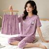 Summer casual comfortable cotton women's pajamas gentle and cute cartoon round neck short-sleeved cropped pants three-piece loungewear