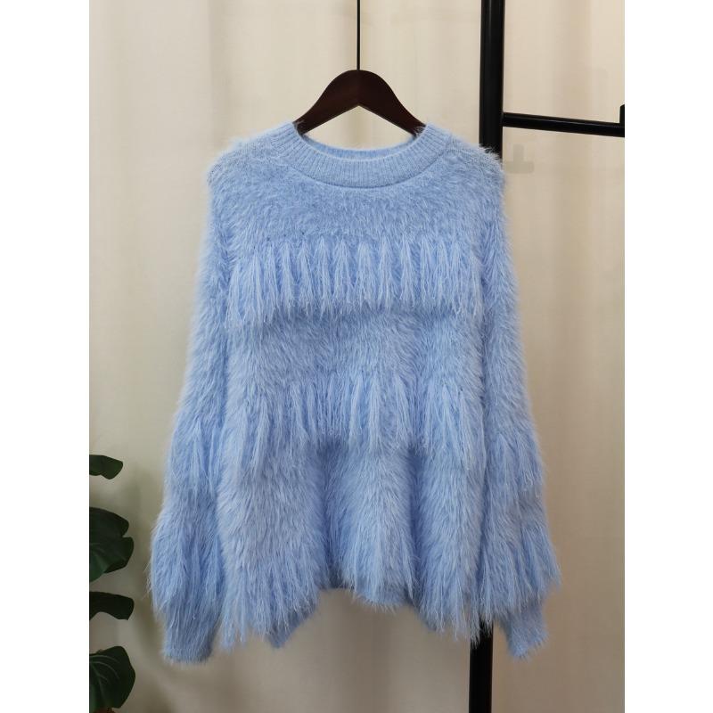 Soft Waxy Imitation Mink Fleece Knitted Sweater Top Women's Autumn and Winter New Tassel Design Loose Sweater Pullover