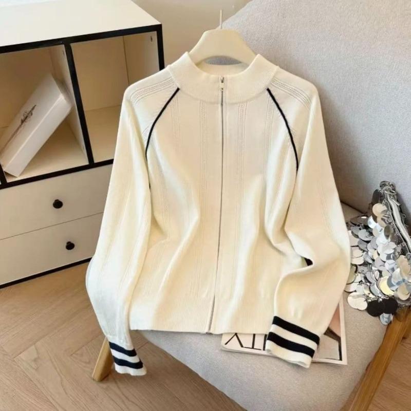 College-style Stand-up Collar, Zipper, Long-sleeved Sweater, Knitted Sweater, Women's Autumn Commuter Versatile Coat Top