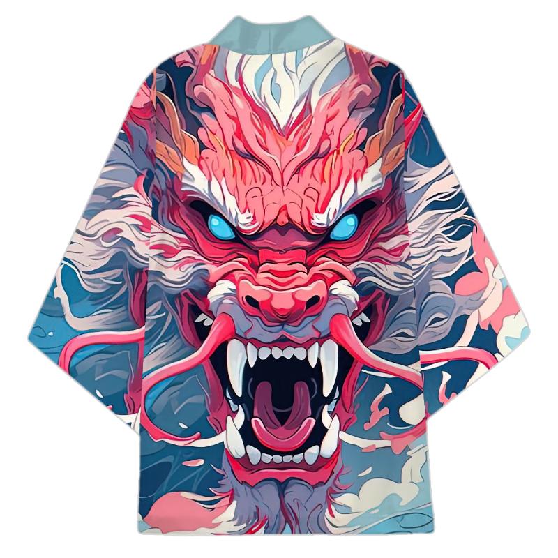Japanese Traditional Samurai Kimono Men Women Anime Dragon Printed Green Loose Cardigan 3/4 Sleeve Harajuku Haori Coaplay Shirt
