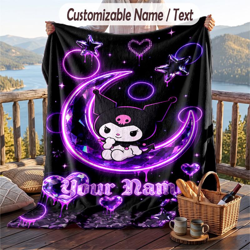 Custom Text Flannel Throw Blanket, Lightweight Cozy Bed Sofa BlanketKuromi