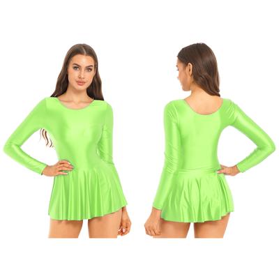 Kadın Parlak Elbiseler Dans Leotard Uzun Kollu Fırfırlı Elbise Spor Giyim