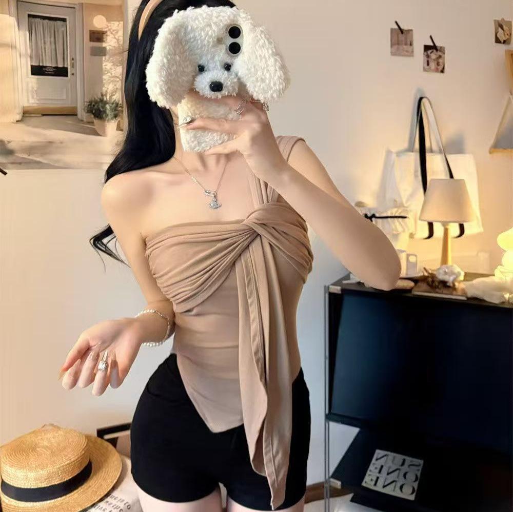 French Light and Mature Style Chic Slanted Shoulder Pleated Vest with Chest Pad Women's Irregular Short Sleeveless Outer Pullover