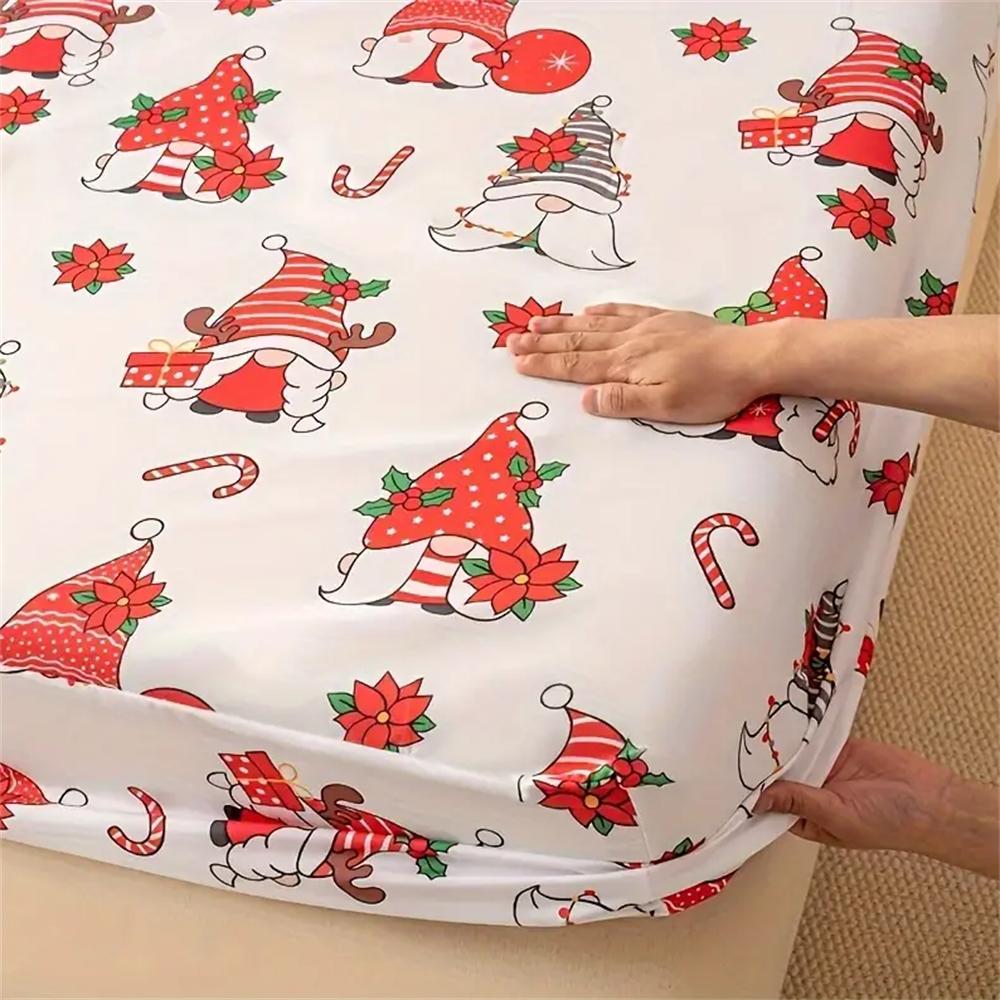 3 Pieces Festive Christmas Bed Sheet Set with White Background and Elderly Santa Hats - Includes Pillow Cases - Machine Washable