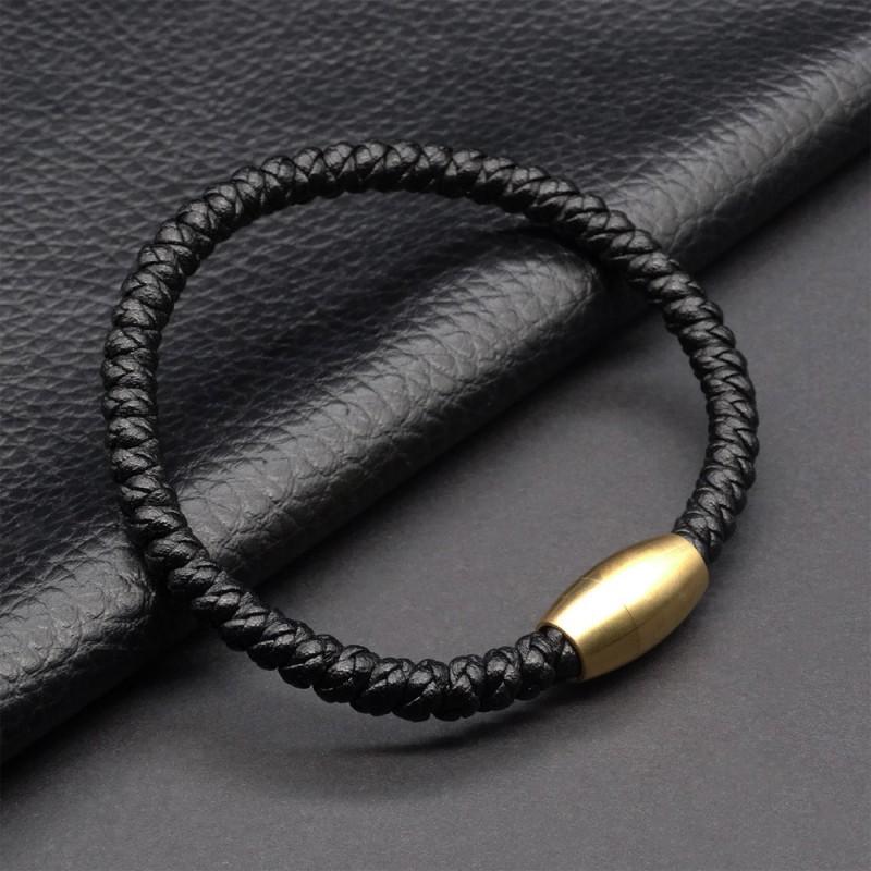 Titanium Steel Braided Leather Rope Bracelet Men Magnetic Clasp Minimalist Geometric Design Adjustable 21cm
