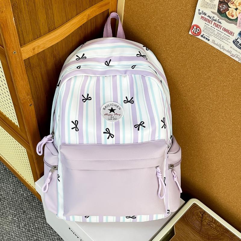 New high-value, fresh and sweet bow striped backpack, color contrast and lightweight backpack for junior high school students
