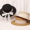 Hat women's summer sunscreen versatile top hat lace bow flat top wide brim straw hat travel photo seaside beach hat