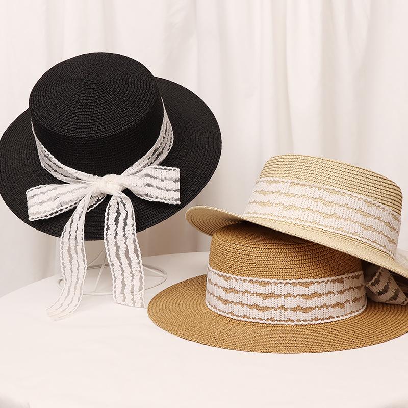 Hat women's summer sunscreen versatile top hat lace bow flat top wide brim straw hat travel photo seaside beach hat
