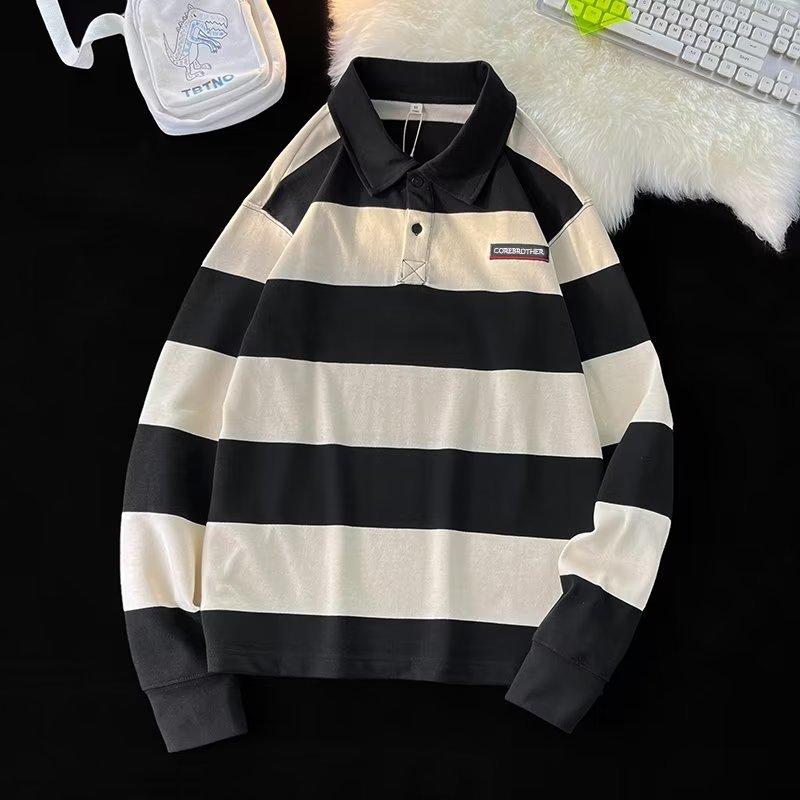 

Весенне-осенняя мужская толстовка в гонконгском стиле, модные контрастные полосатые рубашки поло с длинными рукавами, свободные студенческие топы для пар 3XL