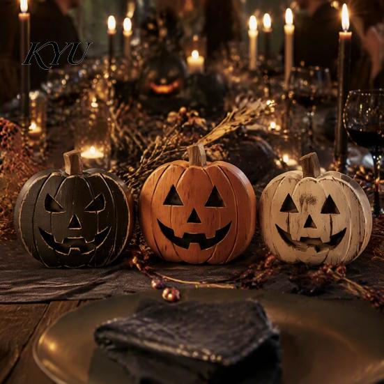 Spooky Holiday Tabletop Accents 3Pcs Halloween Pumpkin Decor, Rustic Face Wooden Block Autumn Theme Party Decor Ornaments, Farmhouse Desktop Craft for