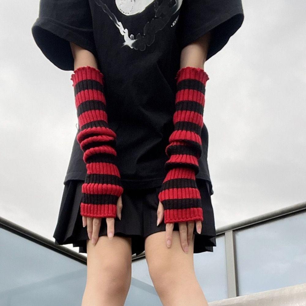 Lolita Long Fingerless Gloves Y2K Fingerless Arm Warmers Arm Cover Striped Knitted Arm Sleeves  JK