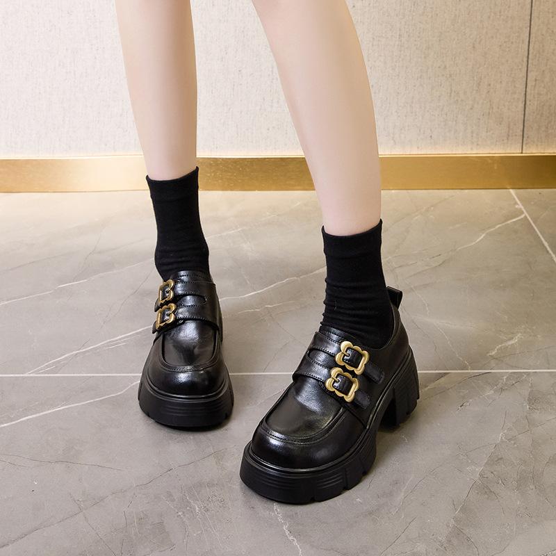 

Туфли-лоферы на толстой подошве из маленькой кожи, женские, под юбку, на высоком каблуке, 2025 весна, новая кожа, ретро, универсальные, увеличивающие рост, одинарные туфли 40