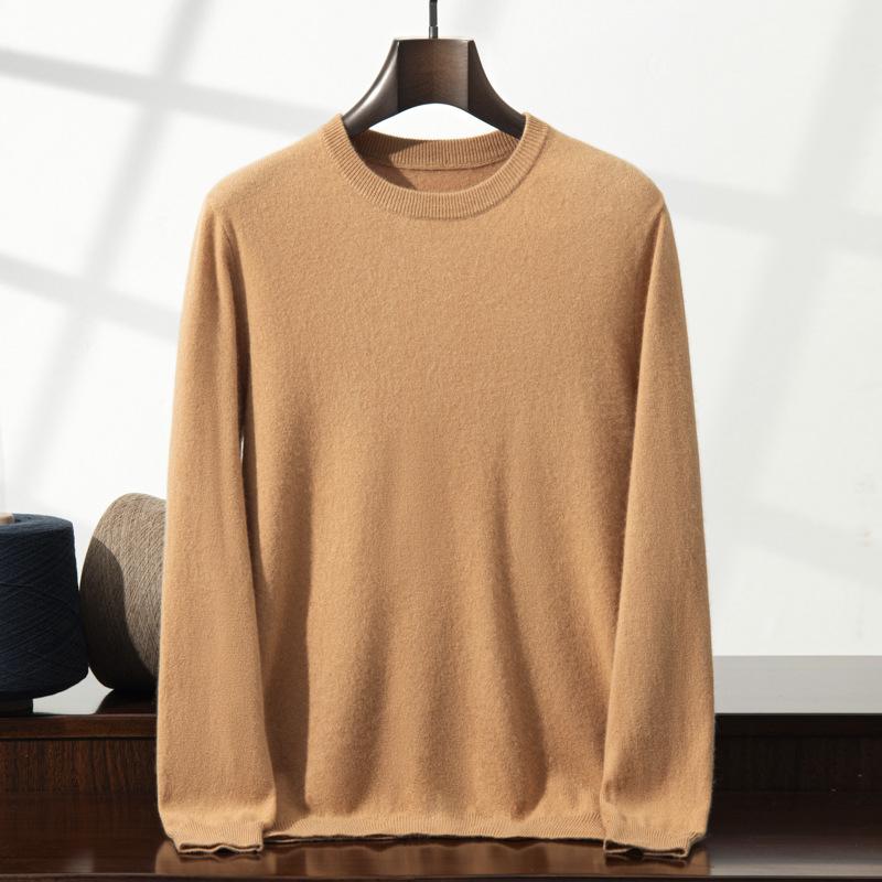 2025 new cashmere shirt men's round neck solid color pullover sweater with knitting inside